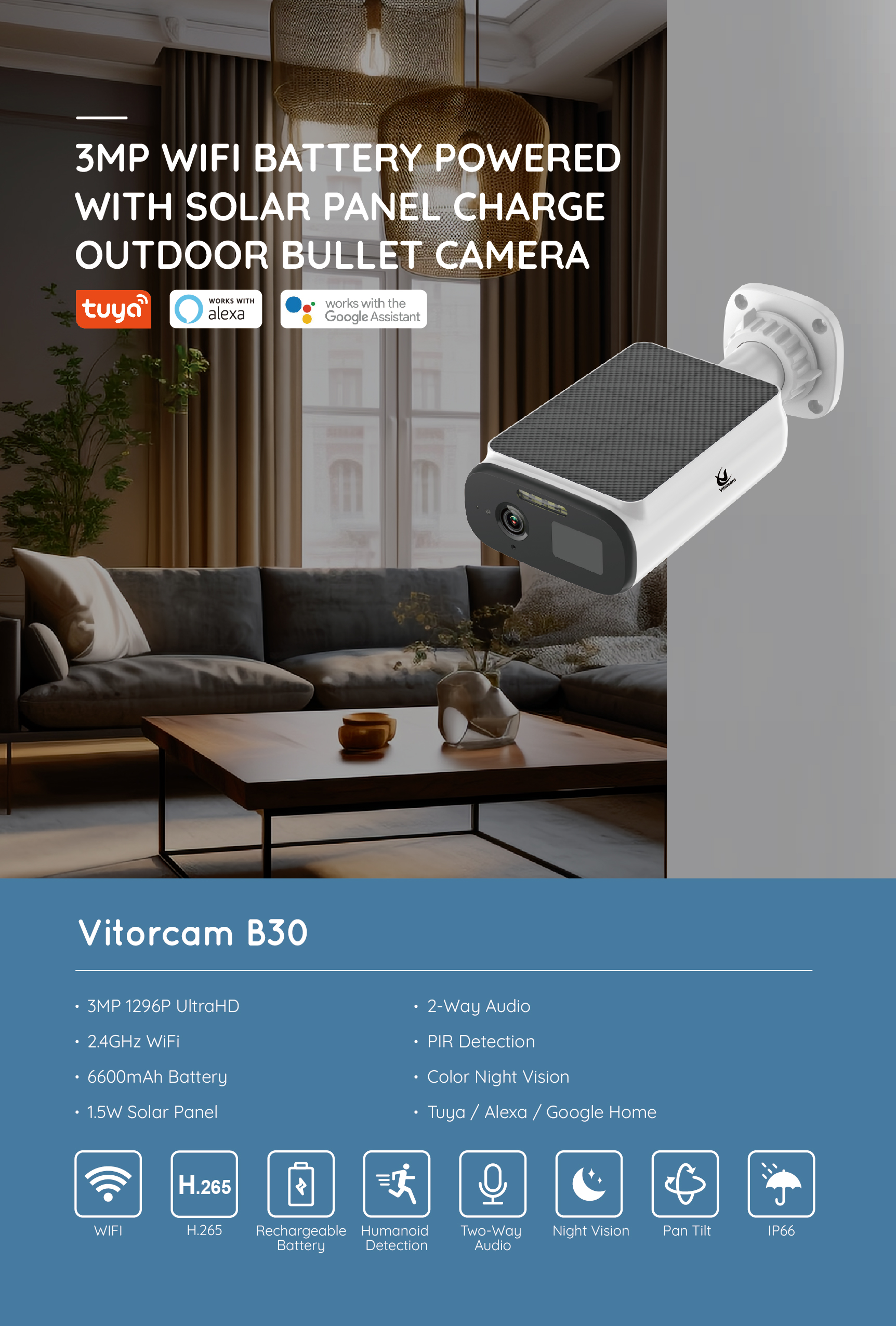 Tuya WiFi Battery Powered Solar Panel Camera 3MP B30(图1) Tuya WiFi Battery Powered Solar Panel Camera 3MP B30(图1)