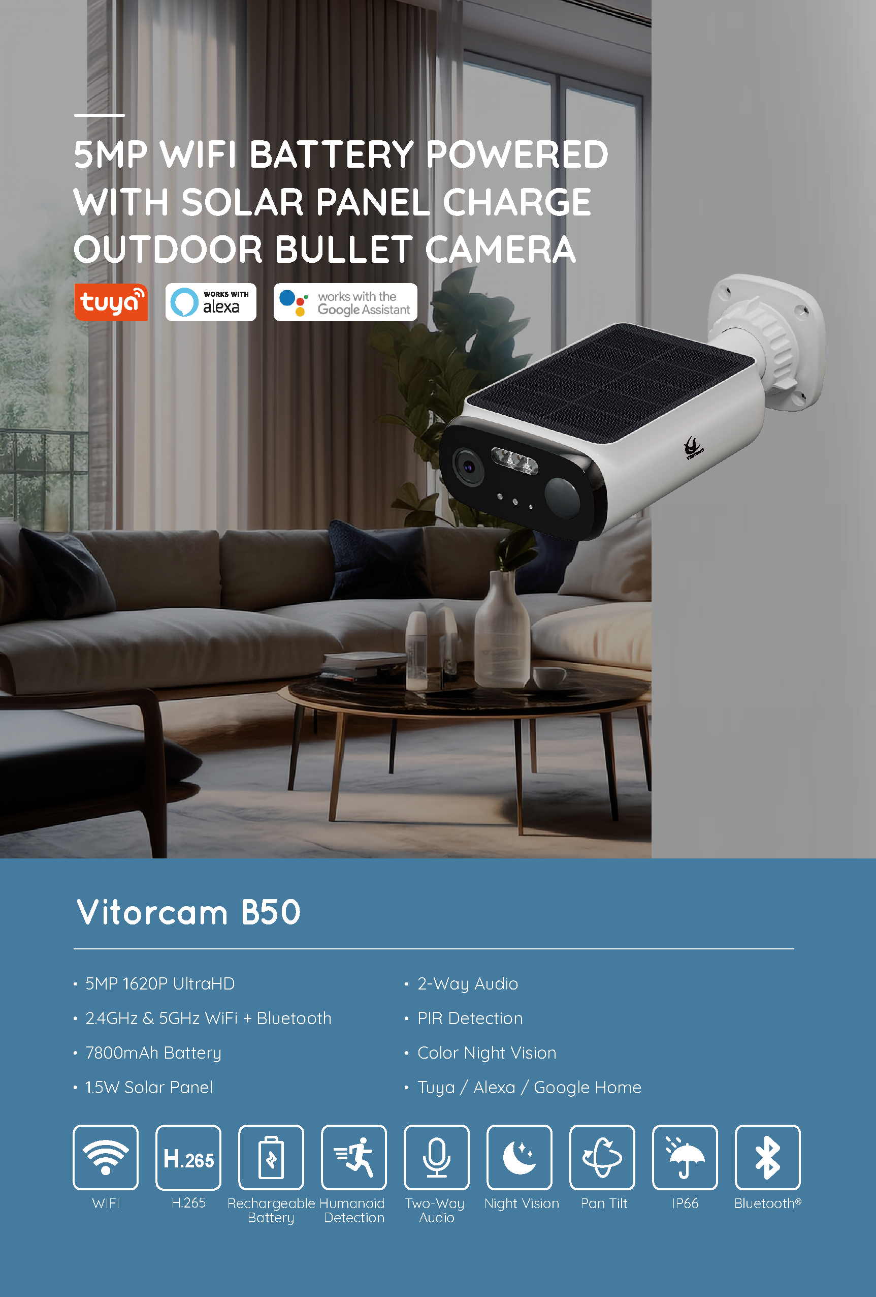 Tuya WiFi Battery Powered Solar Panel Camera 5MP B50(图1) Tuya WiFi Battery Powered Solar Panel Camera 5MP B50(图1)